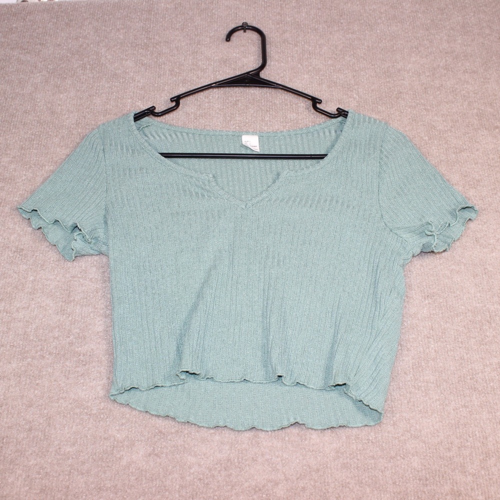 Sage Green Ribbed Notch Neck Crop Top Lettuce Edge Short Sleeve Large